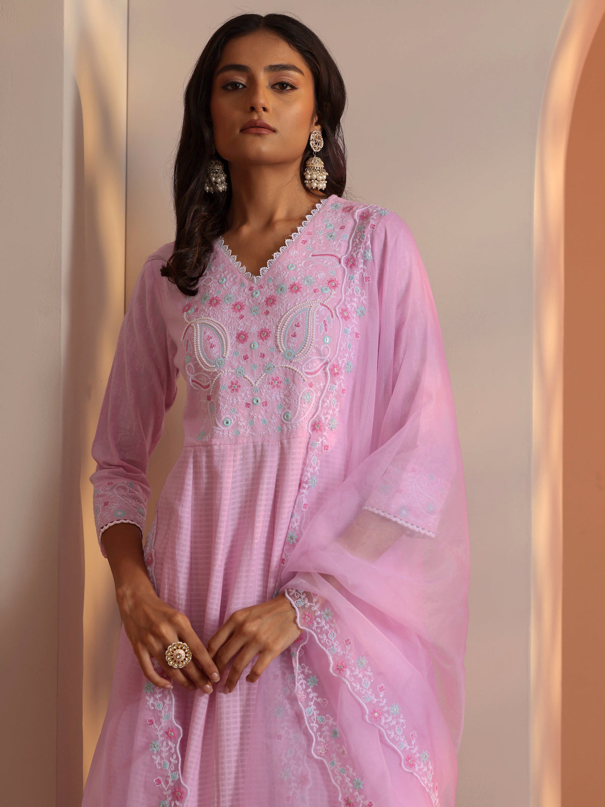 Anouk Lavender Embroidered Cotton Anarkali Suit Set With Dupatta