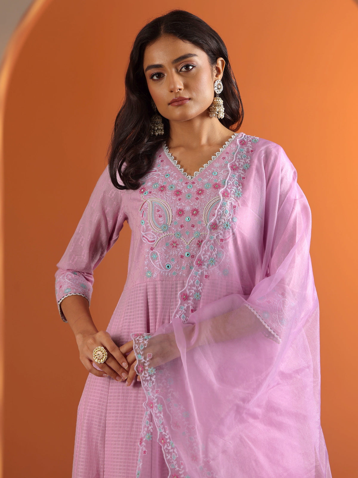 Anouk Lavender Embroidered Cotton Anarkali Suit Set With Dupatta