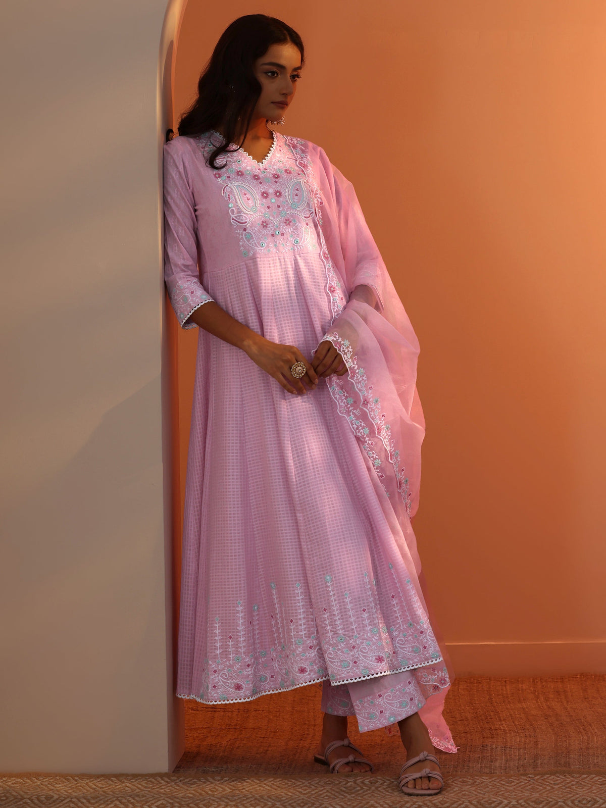 Anouk Lavender Embroidered Cotton Anarkali Suit Set With Dupatta