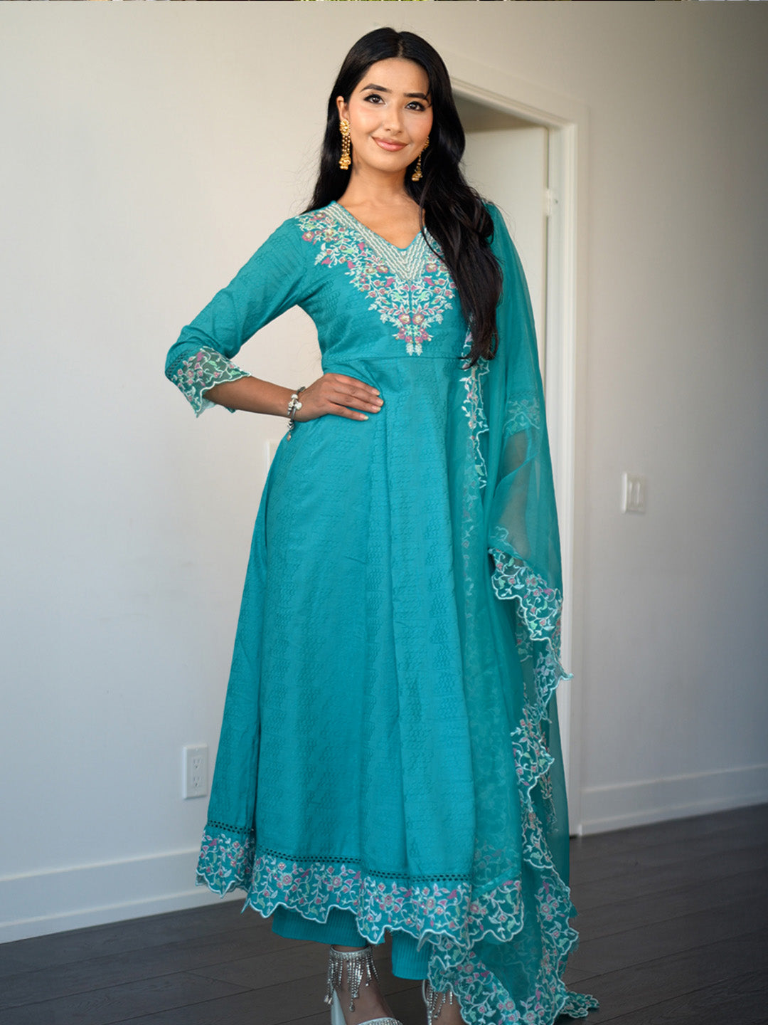 Anouk Blue Embroidered Cotton Anarkali Suit Set With Dupatta