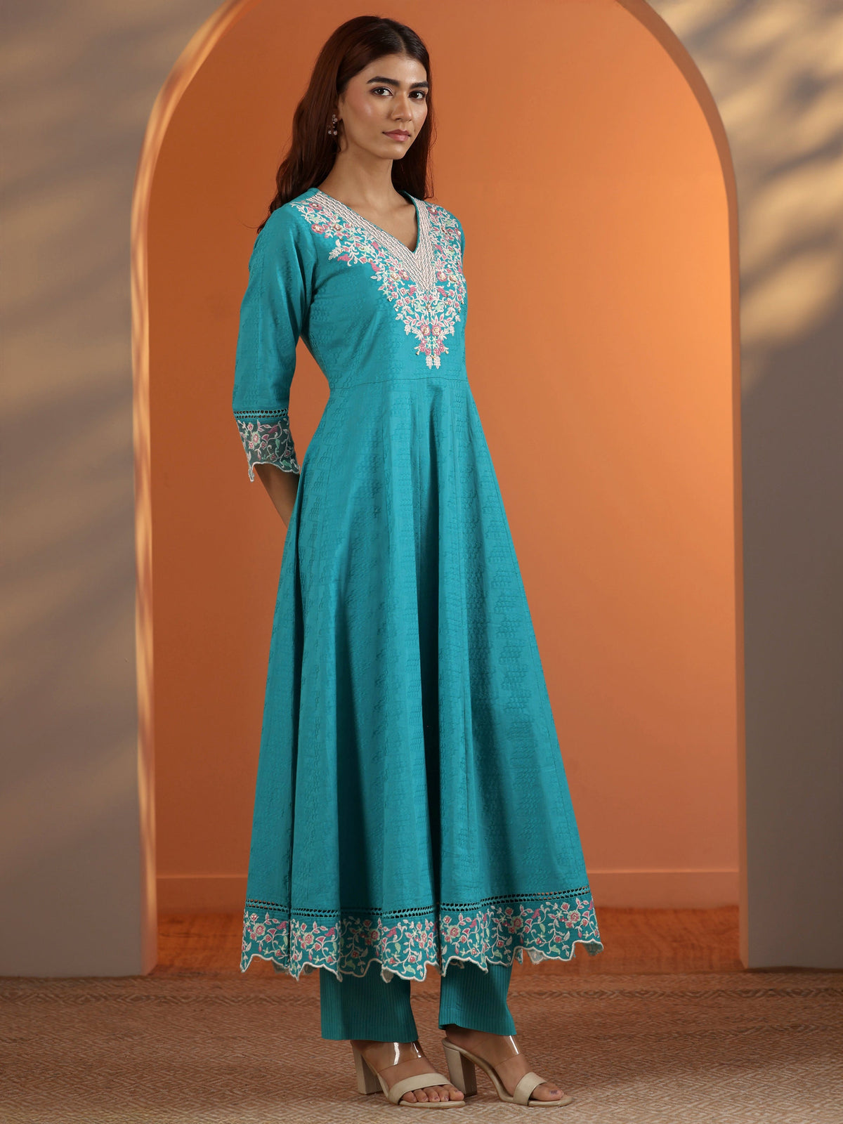 Anouk Blue Embroidered Cotton Anarkali Suit Set With Dupatta
