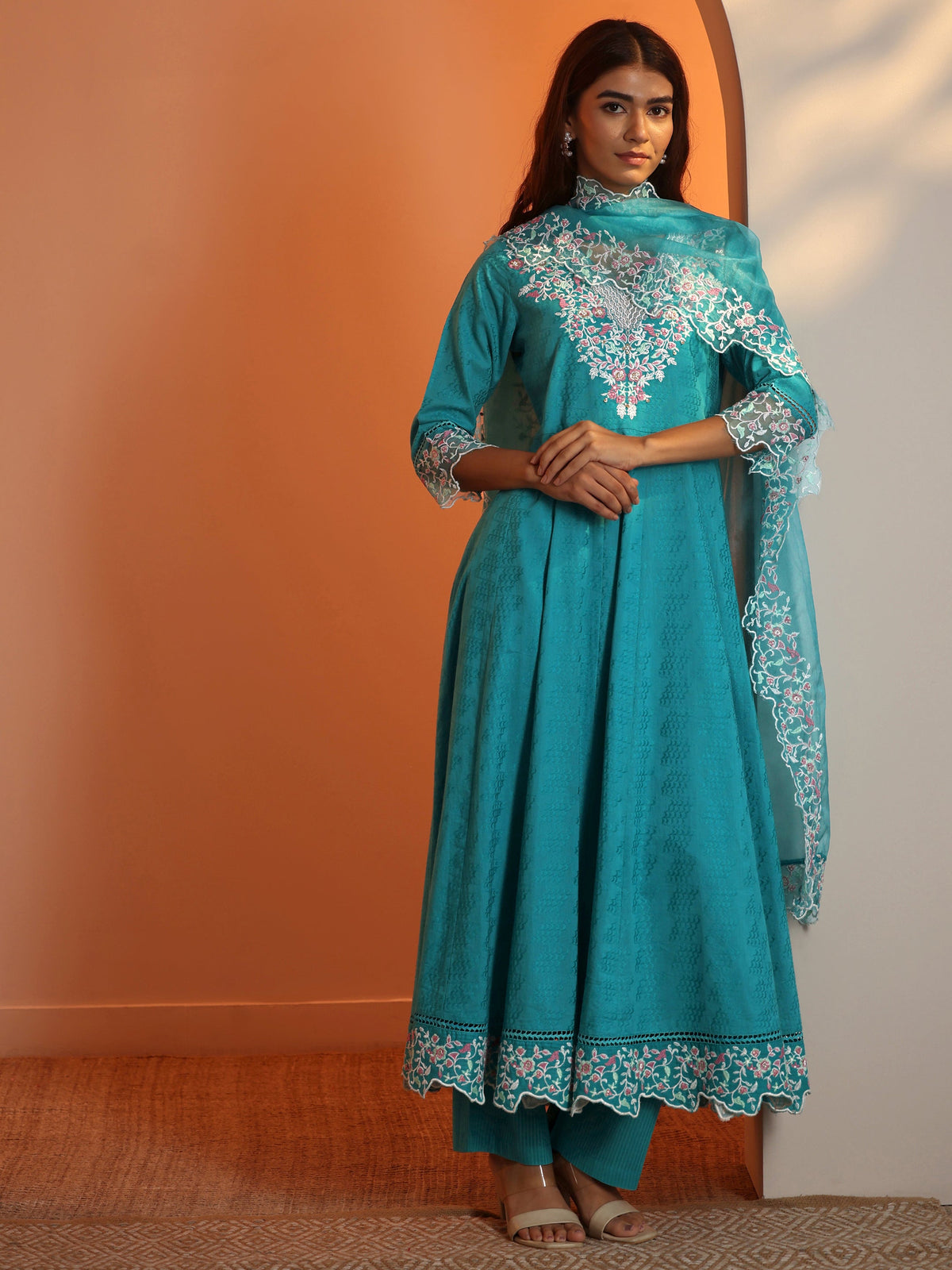 Anouk Blue Embroidered Cotton Anarkali Suit Set With Dupatta