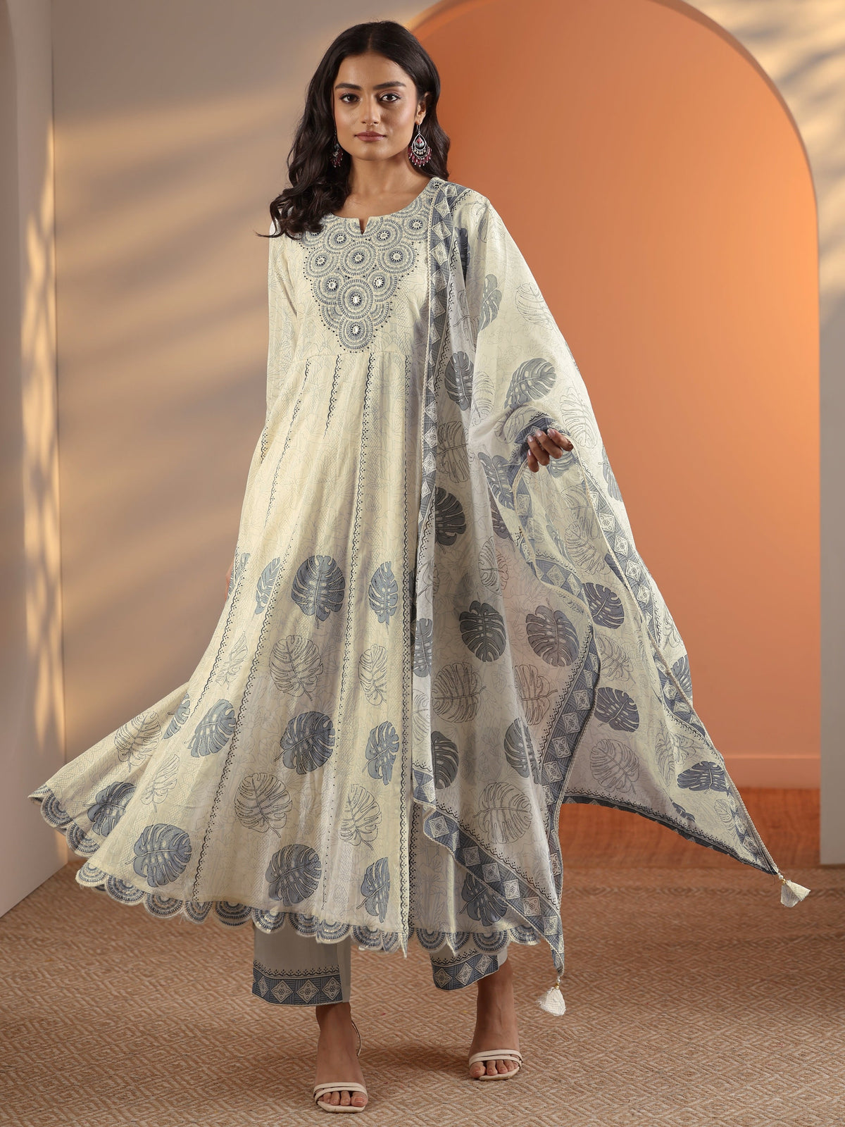 Anouk Off White Embroidered Cotton Anarkali Suit Set With Dupatta