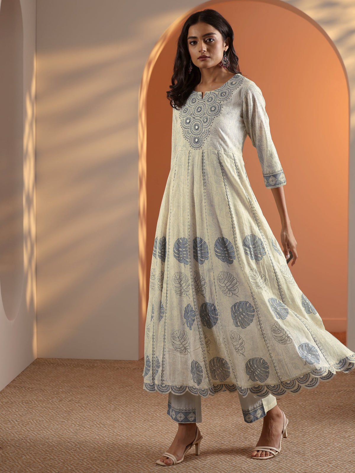 Anouk Off White Embroidered Cotton Anarkali Suit Set With Dupatta