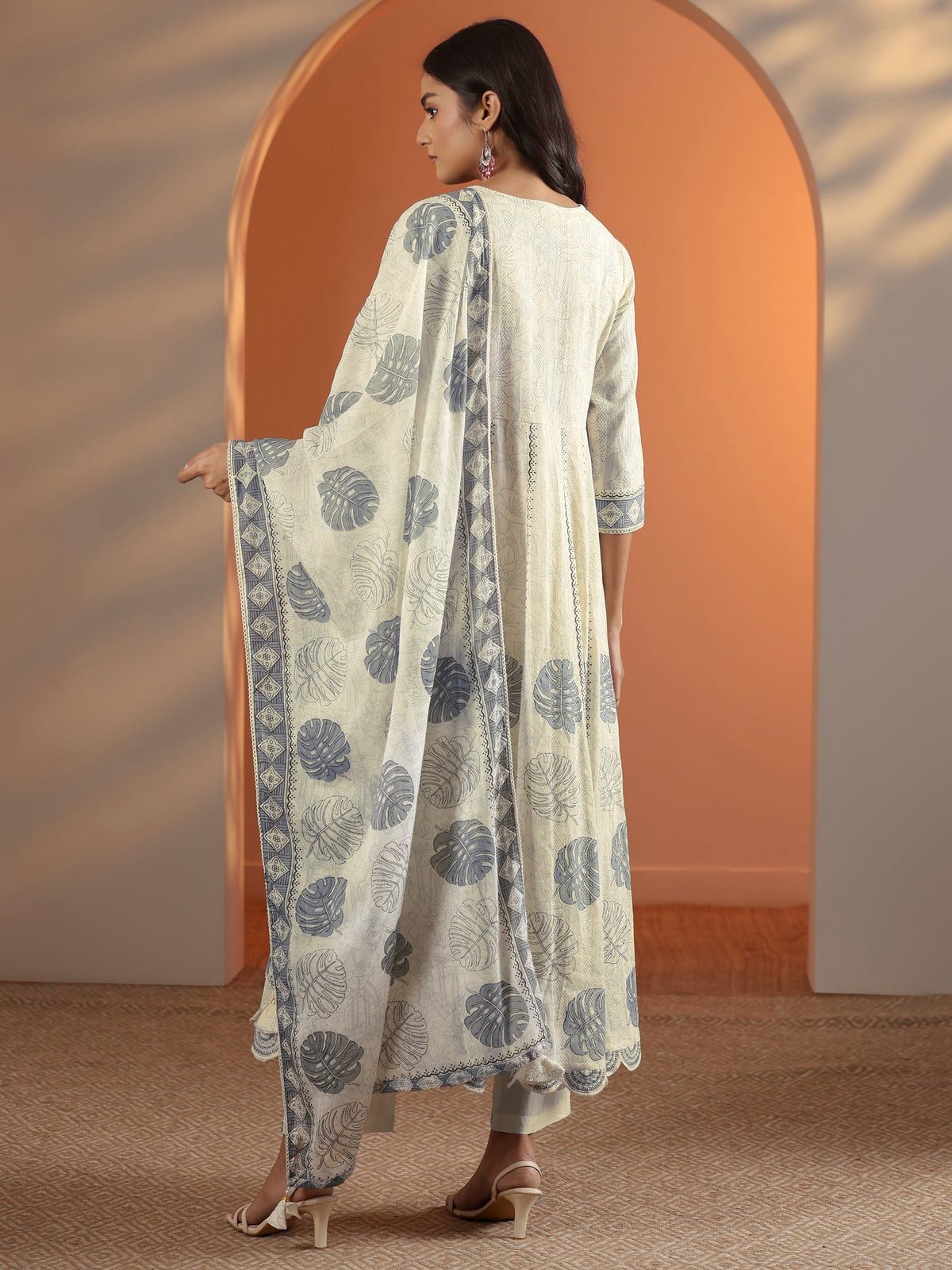 Anouk Off White Embroidered Cotton Anarkali Suit Set With Dupatta