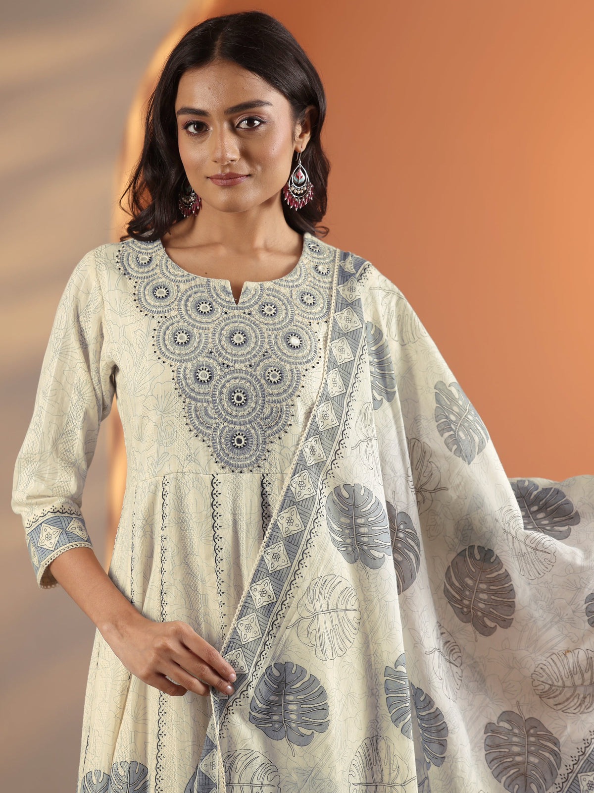 Anouk Off White Embroidered Cotton Anarkali Suit Set With Dupatta