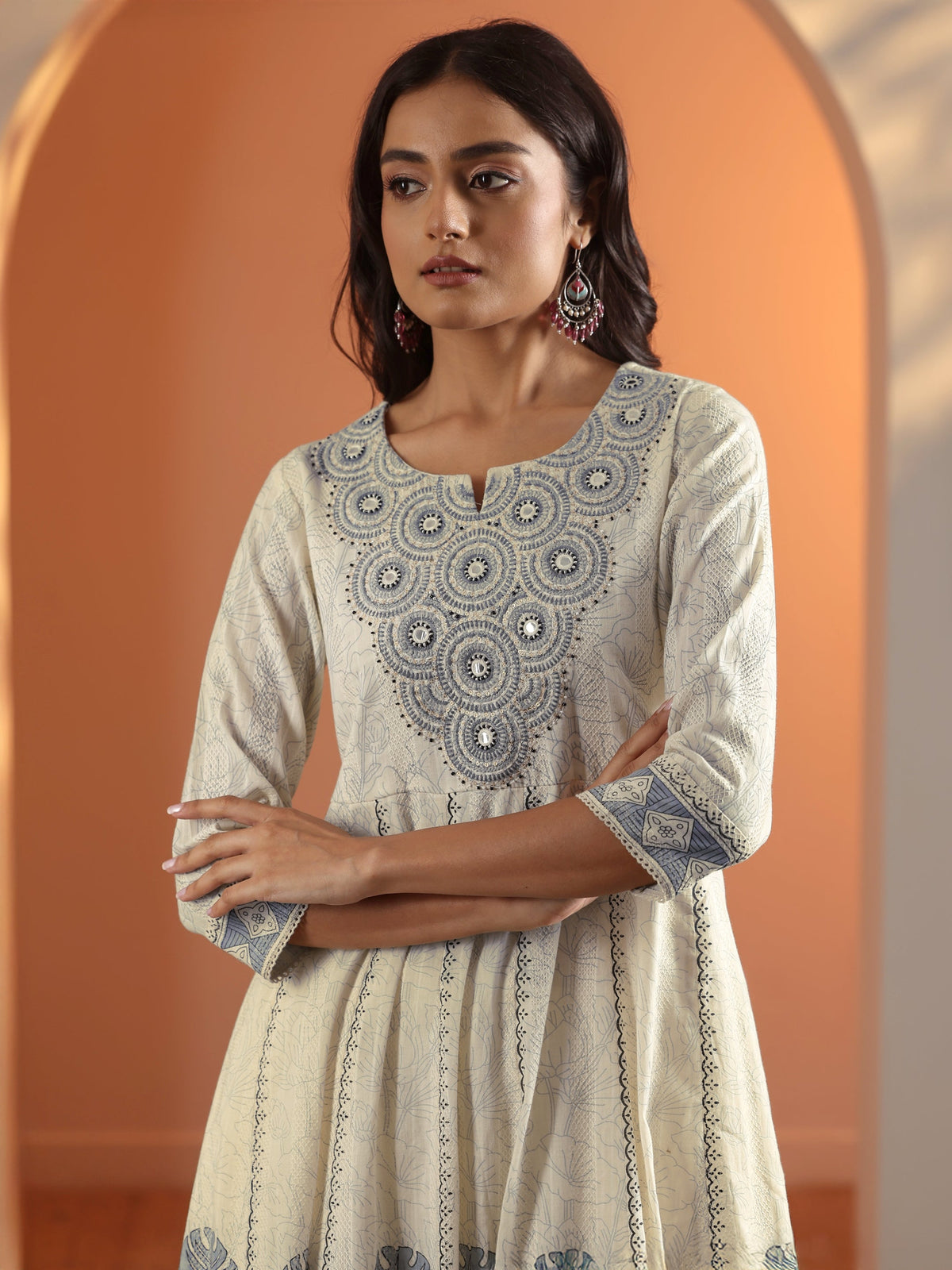 Anouk Off White Embroidered Cotton Anarkali Suit Set With Dupatta