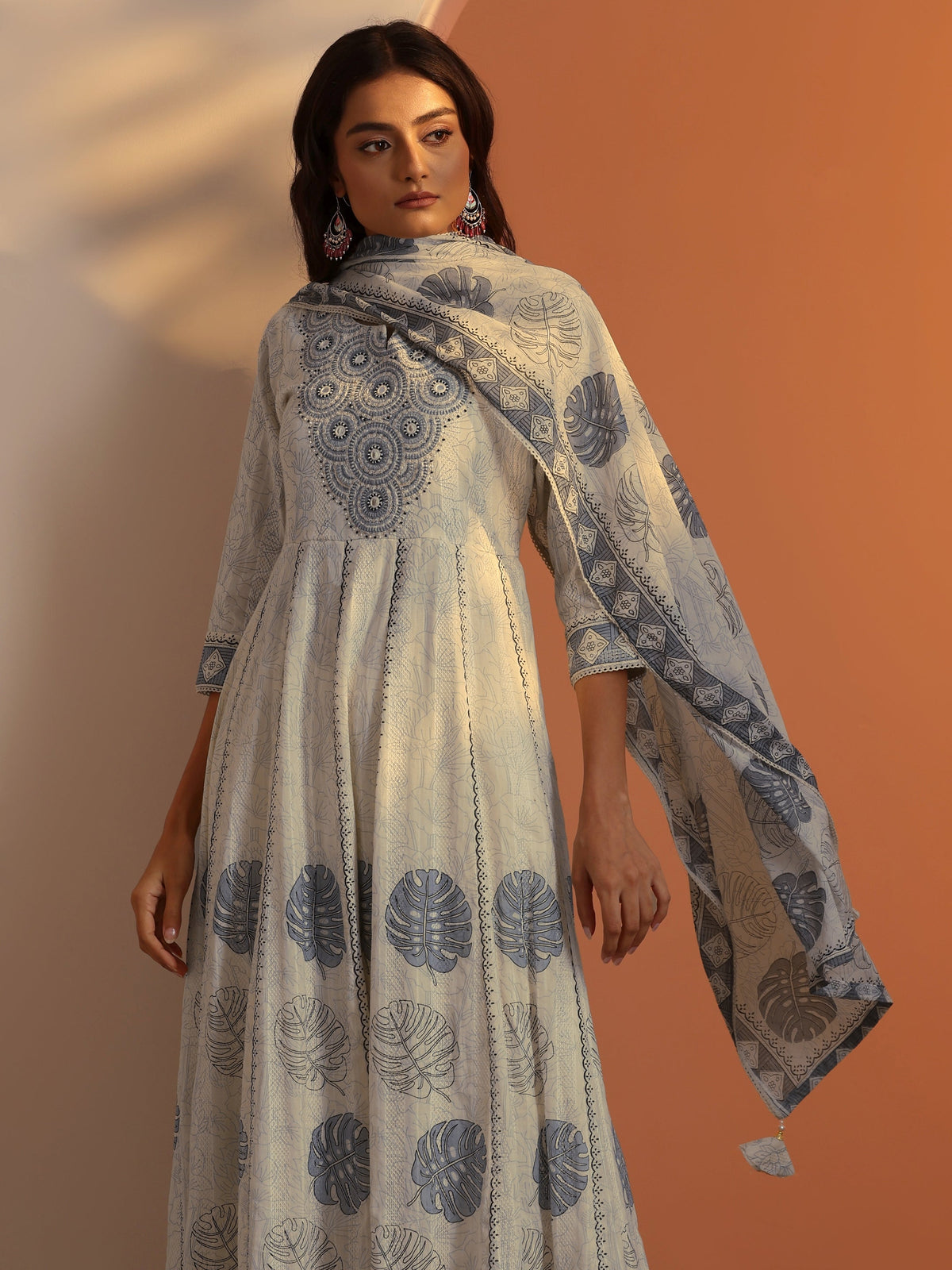 Anouk Off White Embroidered Cotton Anarkali Suit Set With Dupatta