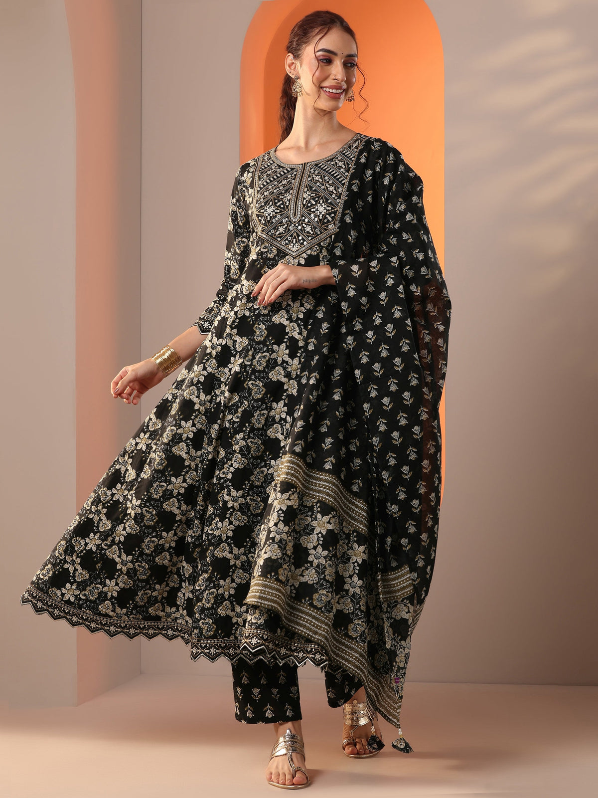 Anouk Black Printed Cotton Anarkali Suit Set With Dupatta