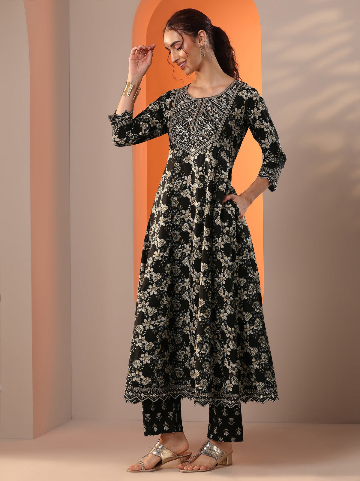 Anouk Black Printed Cotton Anarkali Suit Set With Dupatta