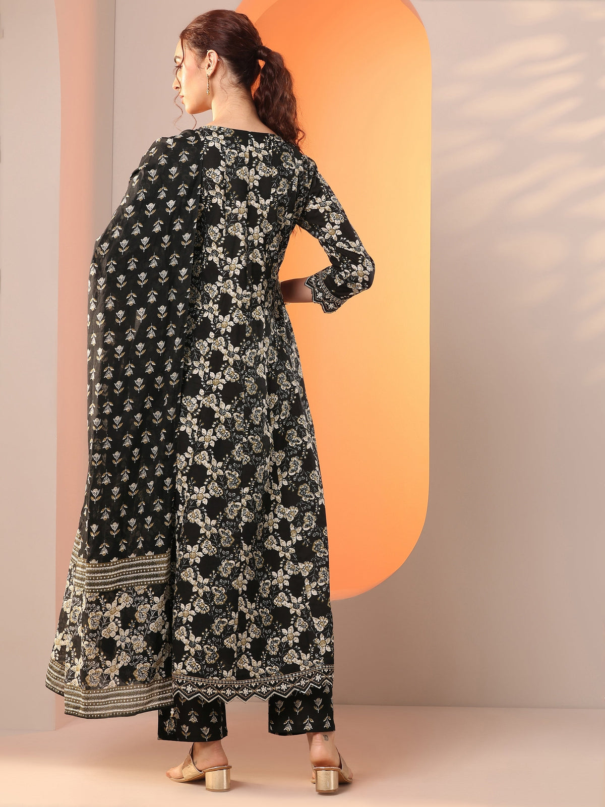 Anouk Black Printed Cotton Anarkali Suit Set With Dupatta