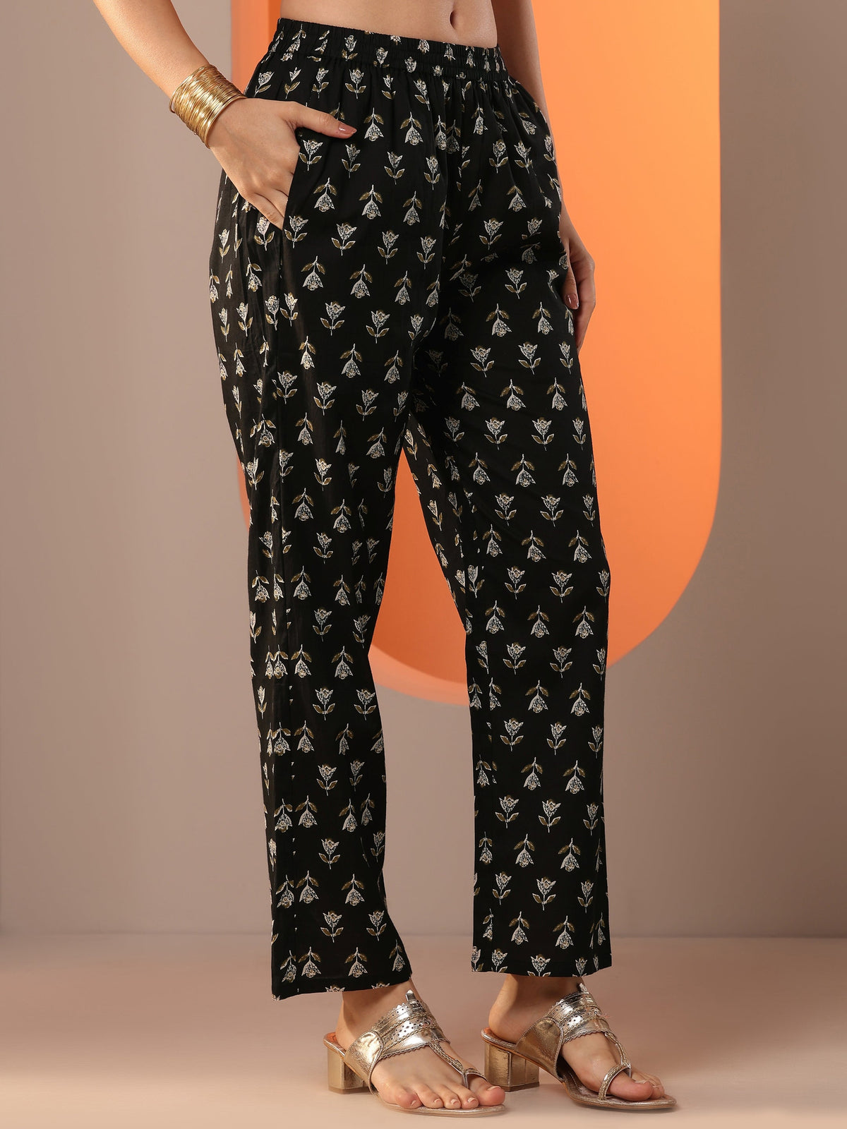 Anouk Black Printed Cotton Anarkali Suit Set With Dupatta