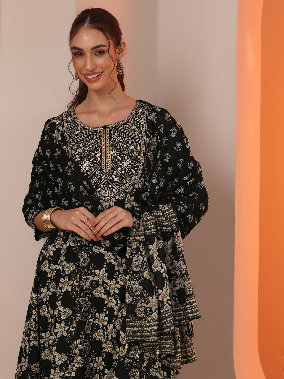 Anouk Black Printed Cotton Anarkali Suit Set With Dupatta