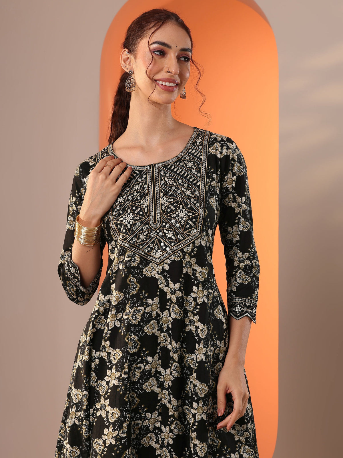 Anouk Black Printed Cotton Anarkali Suit Set With Dupatta