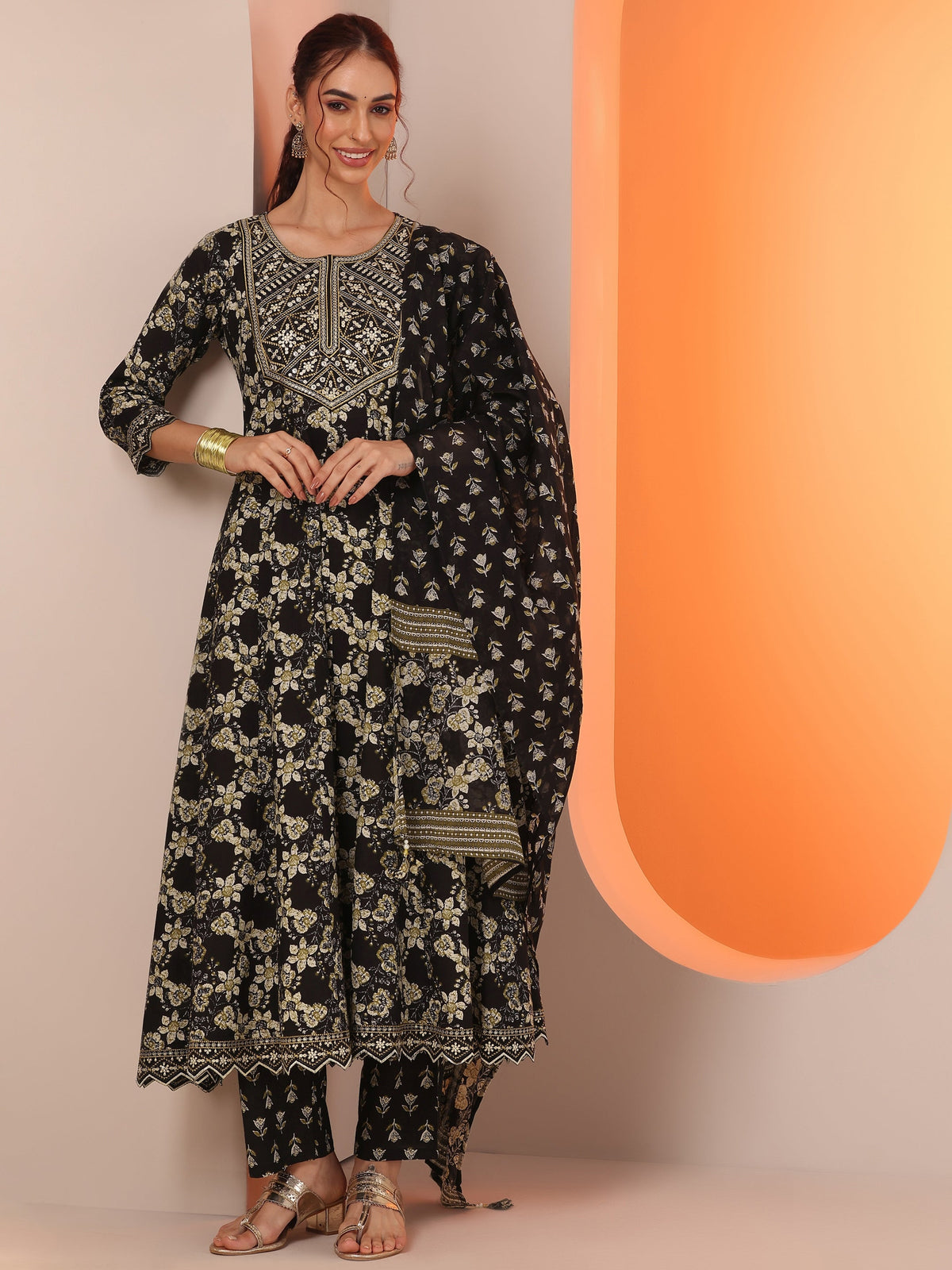 Anouk Black Printed Cotton Anarkali Suit Set With Dupatta