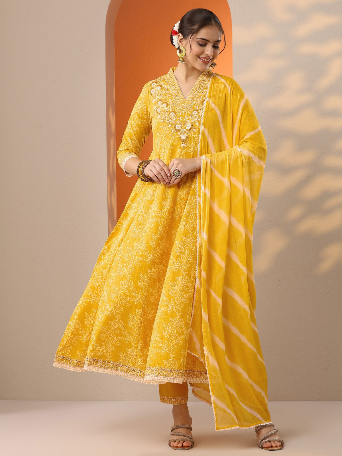 Anouk Yellow Embroidered Cotton Anarkali Suit Set With Dupatta
