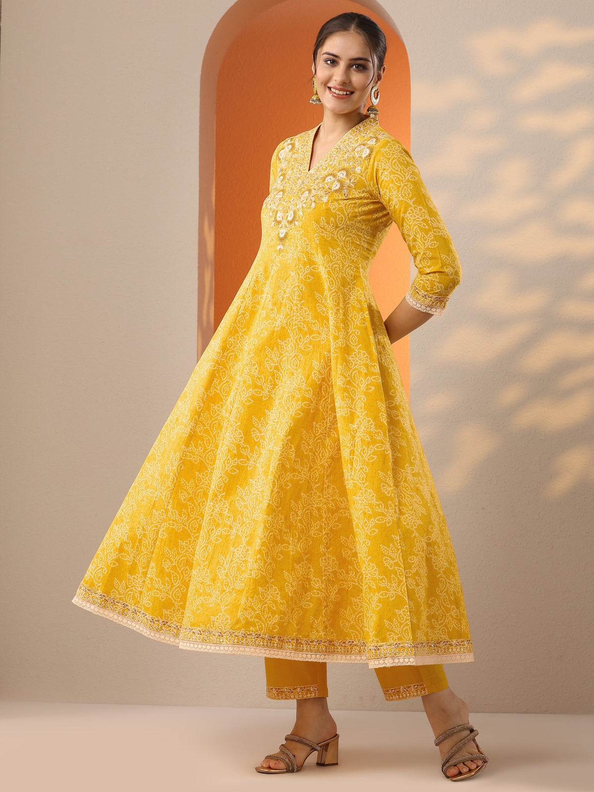 Anouk Yellow Embroidered Cotton Anarkali Suit Set With Dupatta