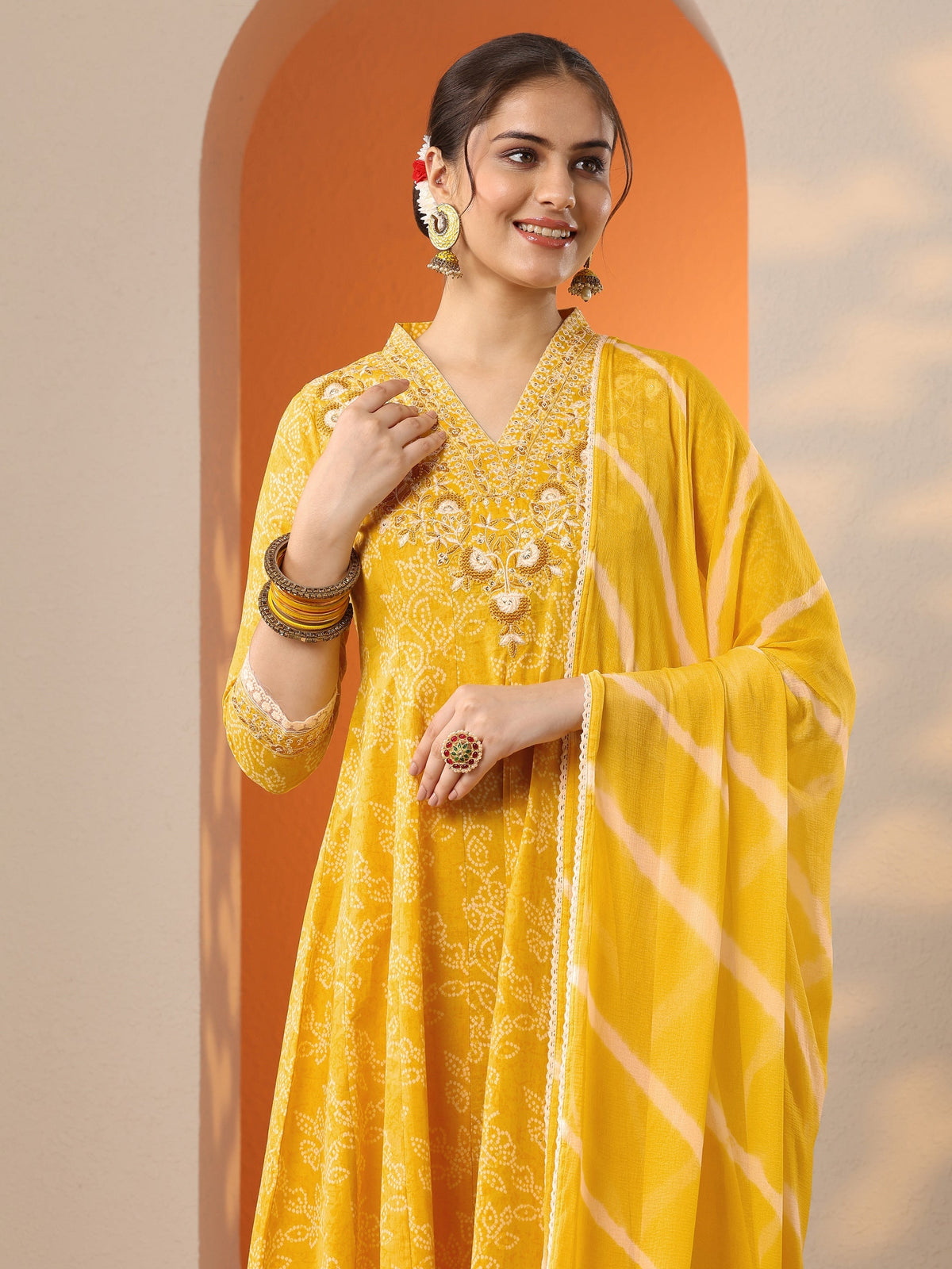 Anouk Yellow Embroidered Cotton Anarkali Suit Set With Dupatta