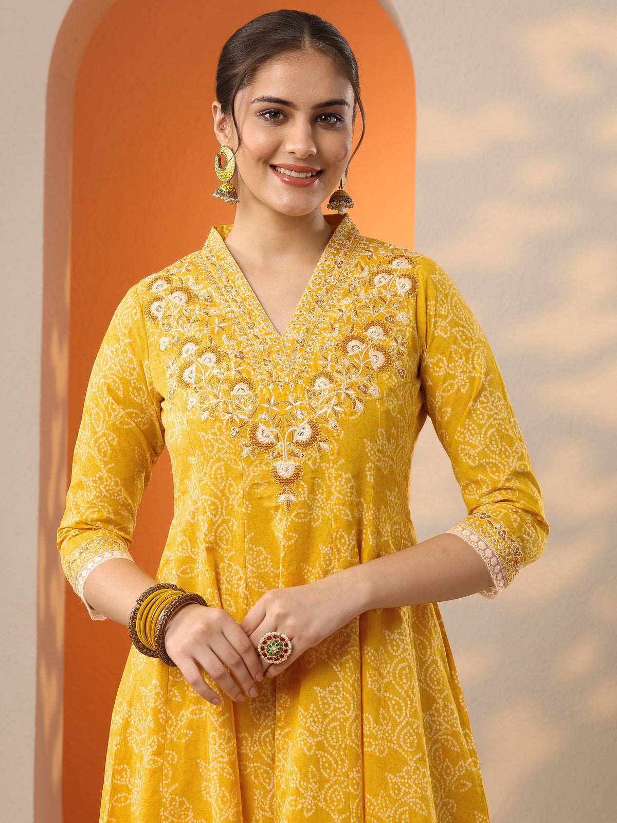 Anouk Yellow Embroidered Cotton Anarkali Suit Set With Dupatta