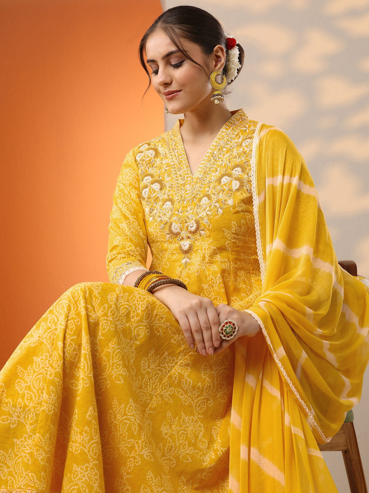 Anouk Yellow Embroidered Cotton Anarkali Suit Set With Dupatta