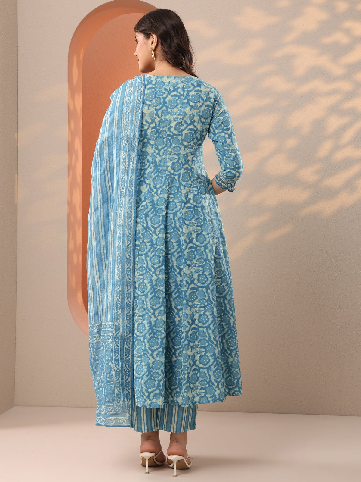 Anouk Blue Printed Cotton Anarkali Suit Set With Dupatta