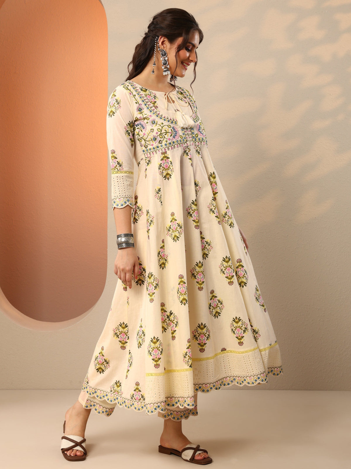 Anouk Off White Printed Cotton Anarkali Suit Set With Dupatta