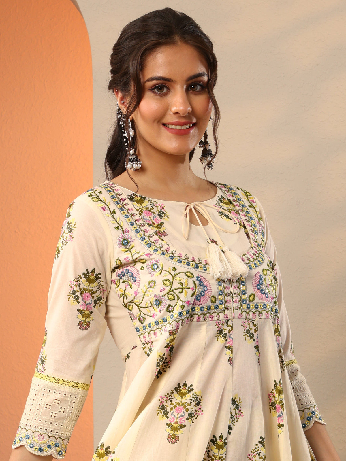 Anouk Off White Printed Cotton Anarkali Suit Set With Dupatta