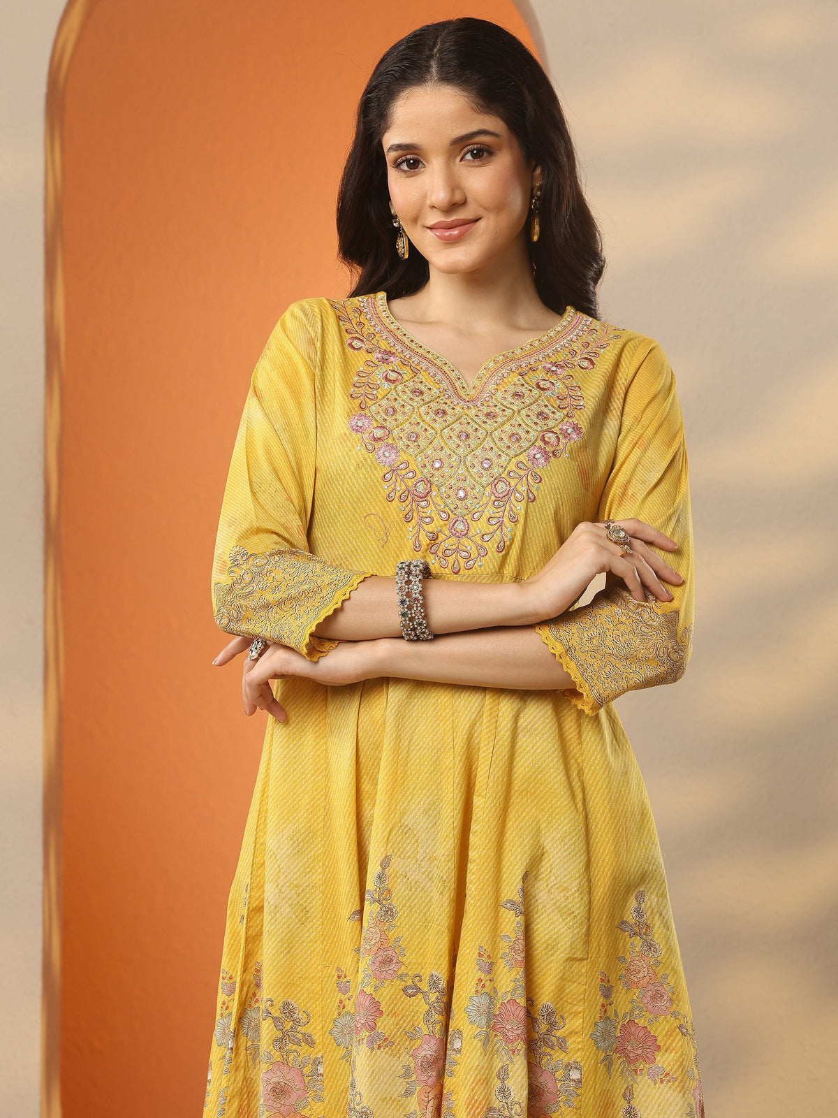 Anouk Mustard Printed Cotton Anarkali Suit Set With Dupatta