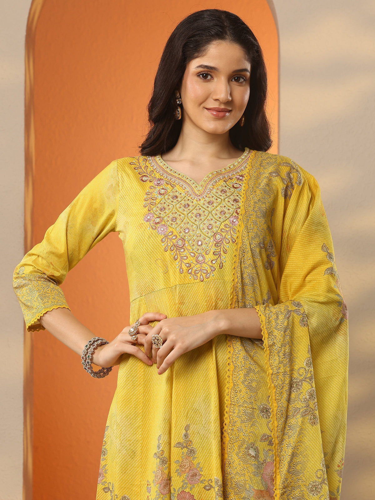 Anouk Mustard Printed Cotton Anarkali Suit Set With Dupatta