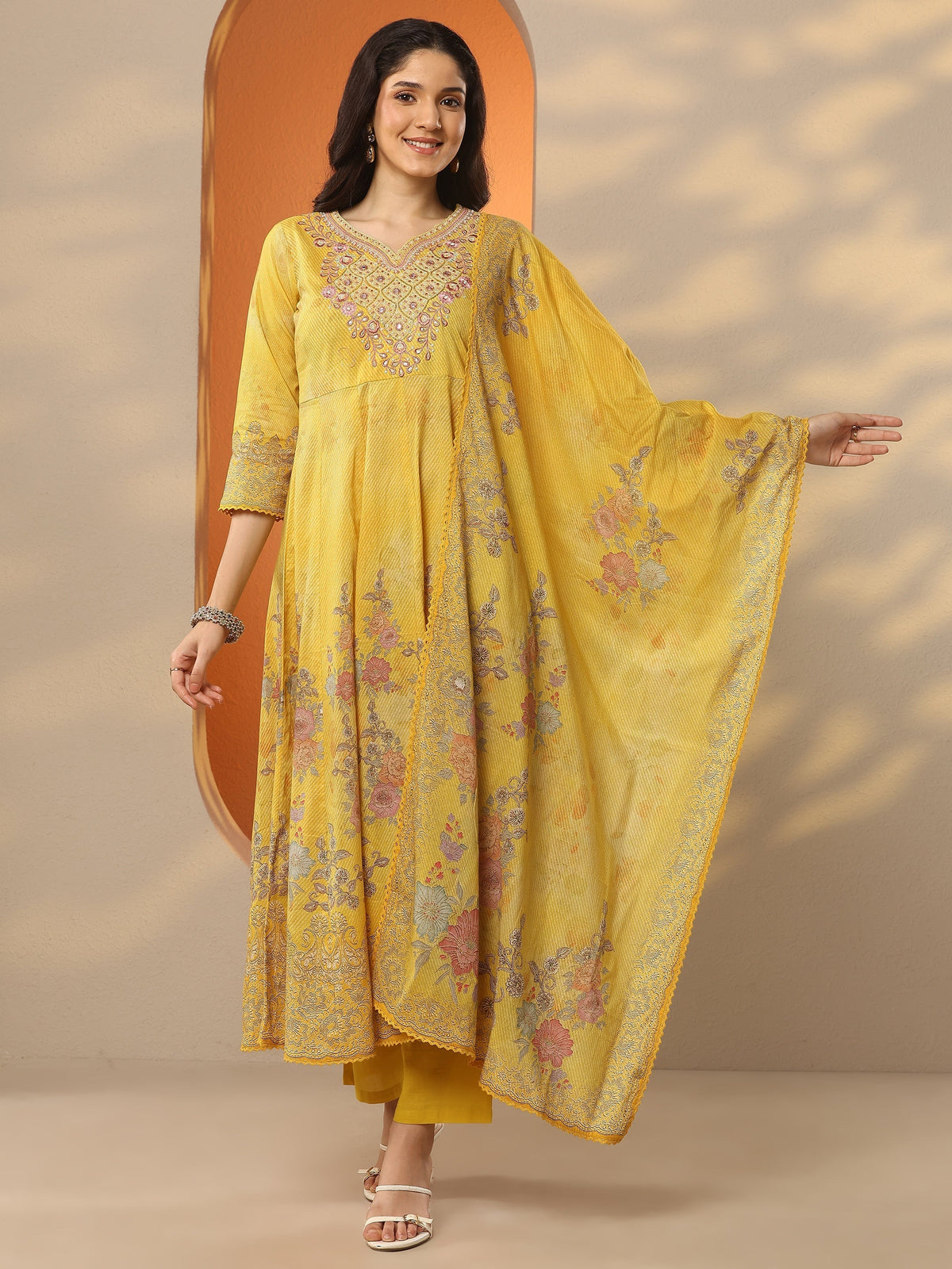 Anouk Mustard Printed Cotton Anarkali Suit Set With Dupatta