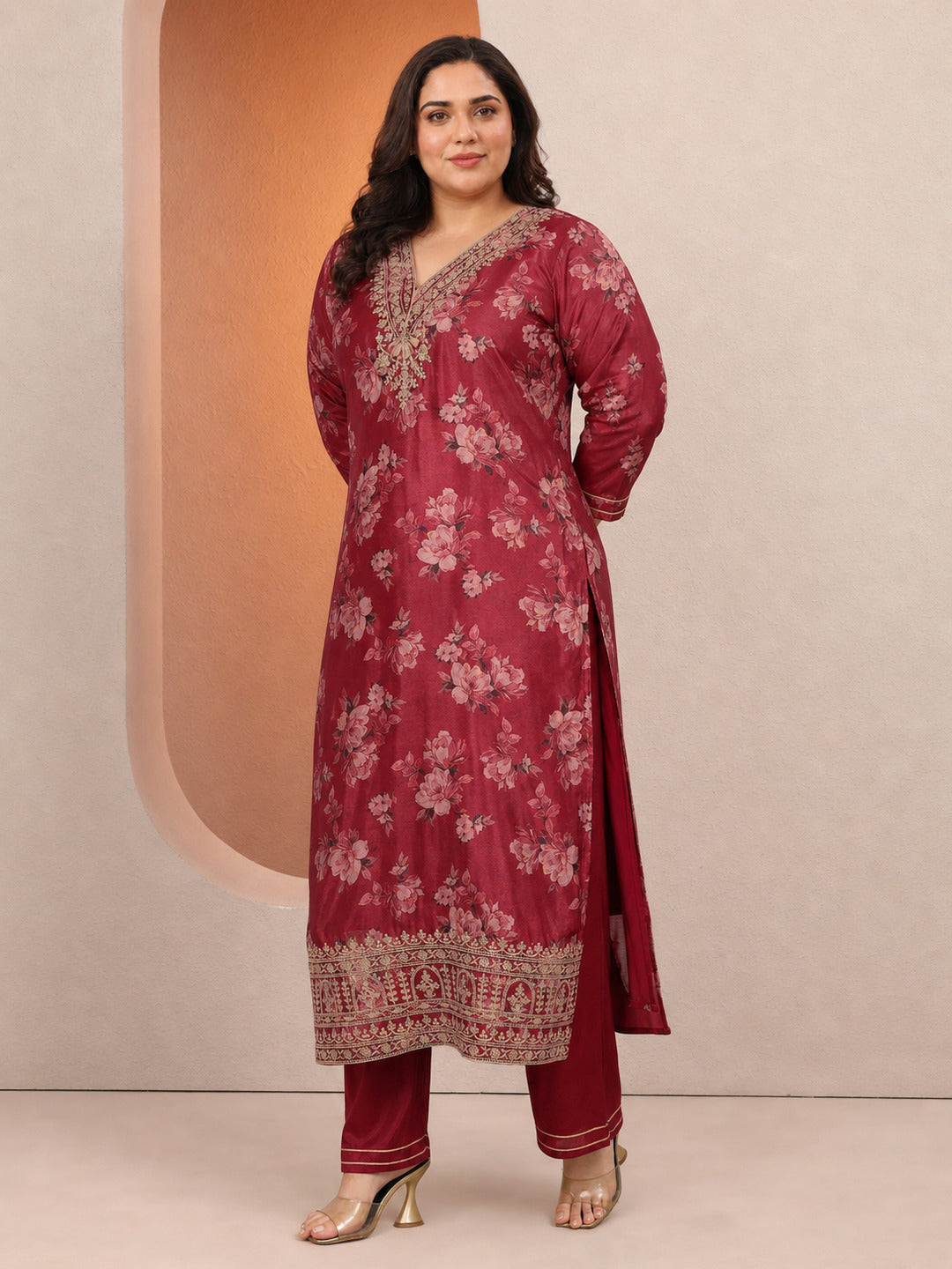 Plus Size Red Printed Chinon Straight Suit Set With Dupatta