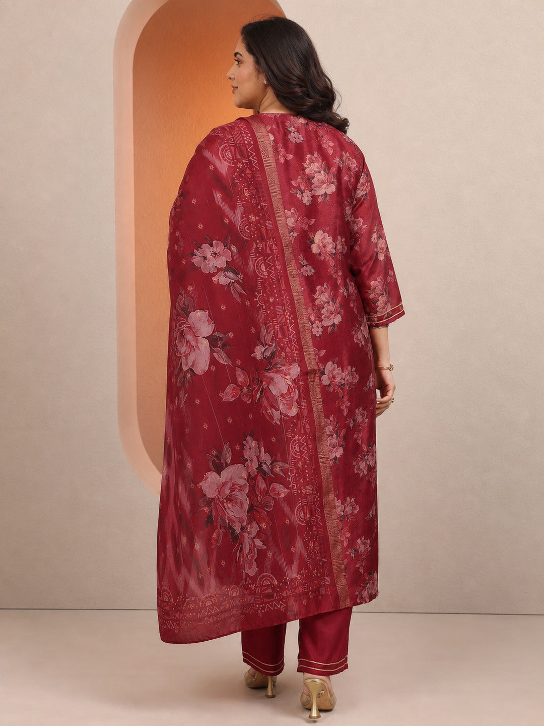 Plus Size Red Printed Chinon Straight Suit Set With Dupatta
