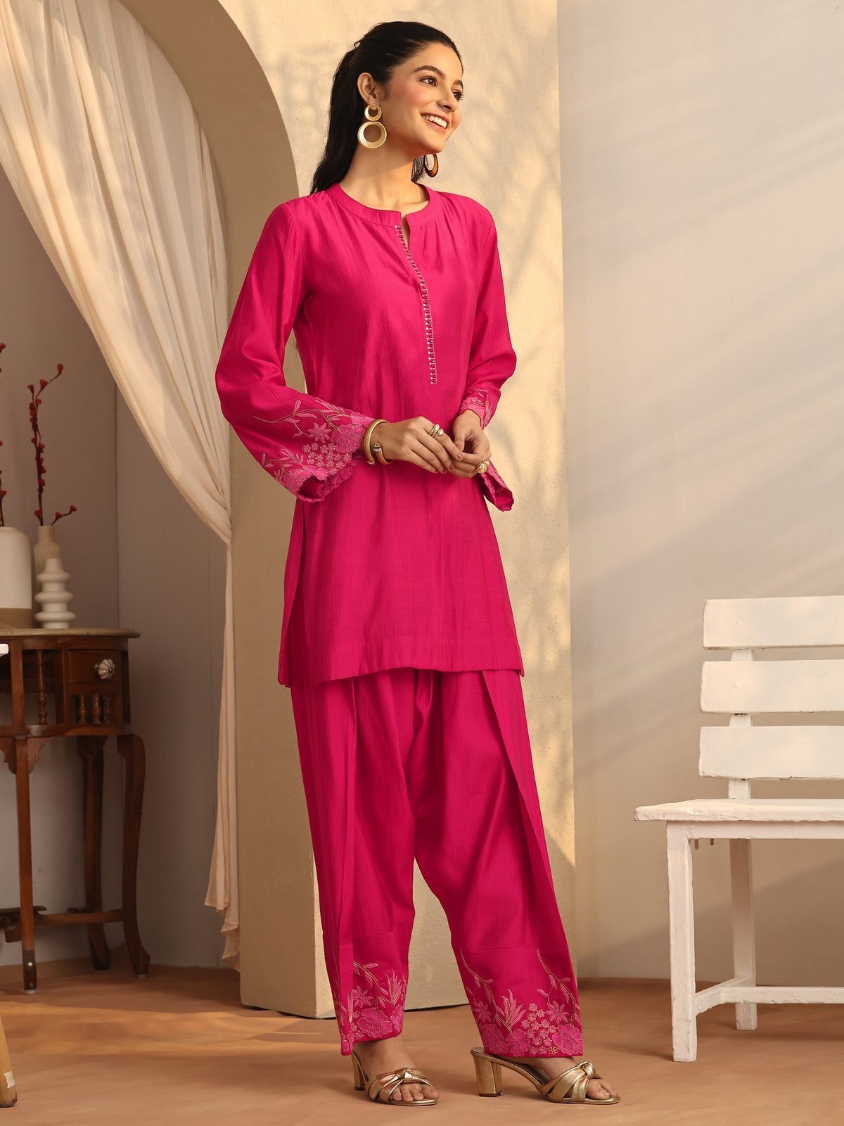 Anouk Pink Embroidered Silk Blend Co-Ord Sets