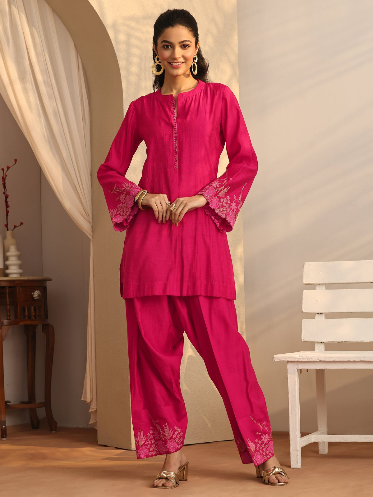 Anouk Pink Embroidered Silk Blend Co-Ord Sets