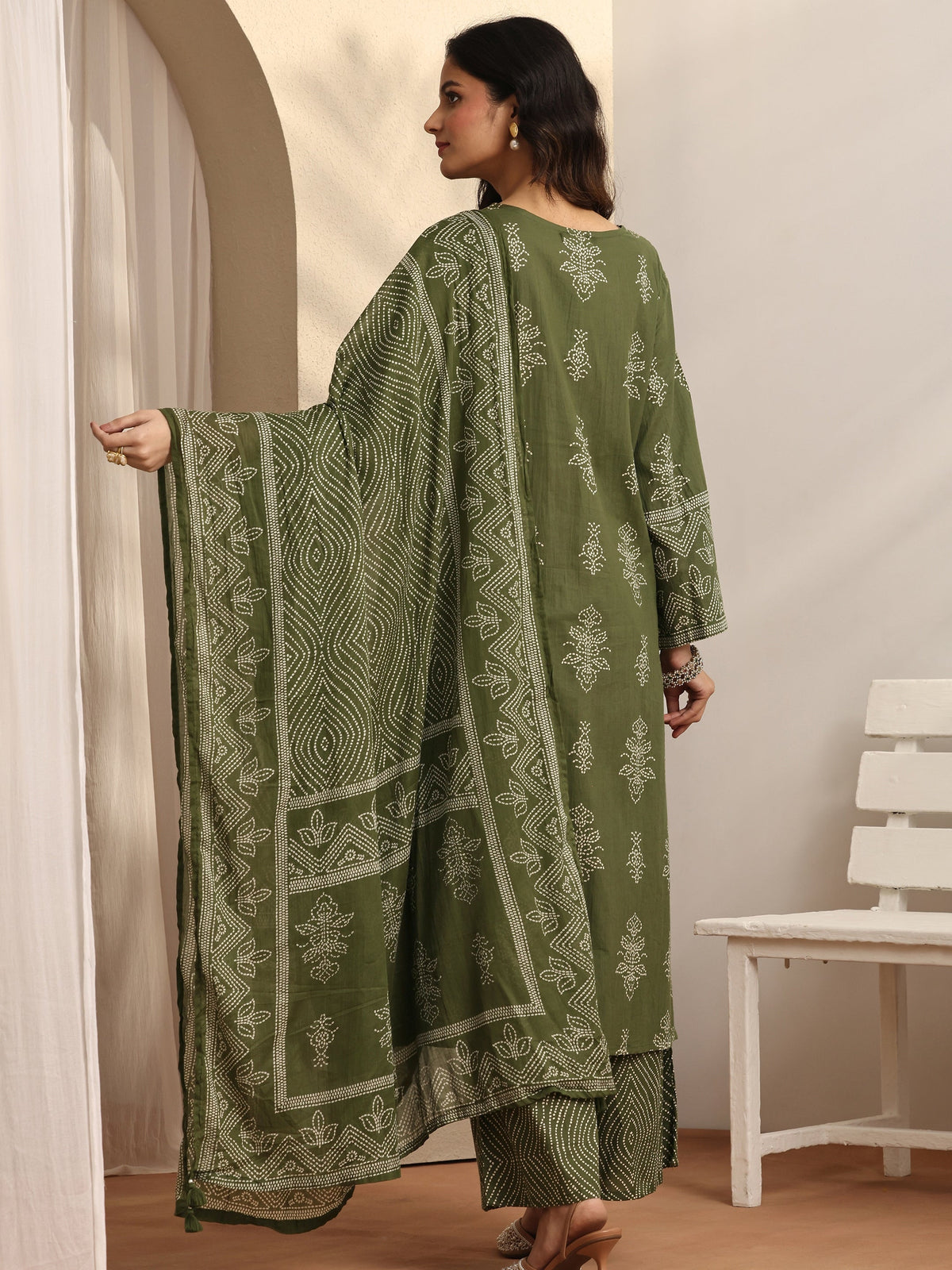 Anouk Olive Printed Cotton Straight Suit Set With Dupatta