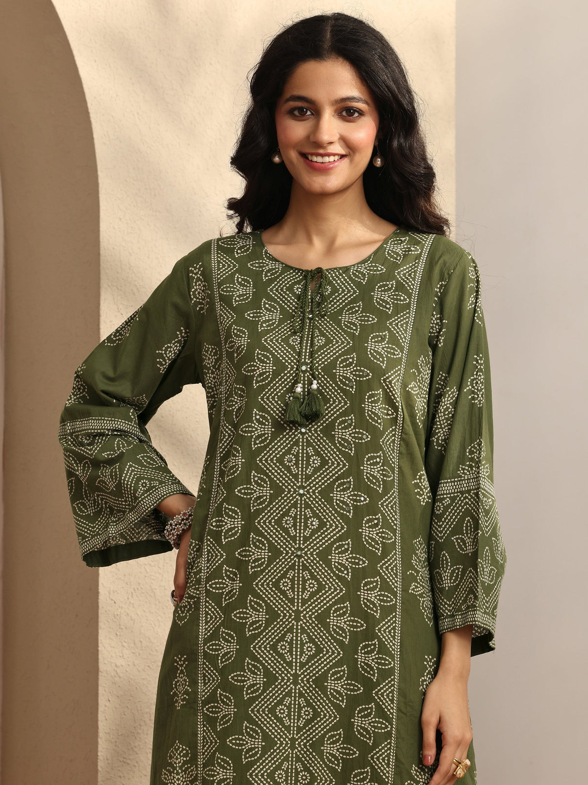 Anouk Olive Printed Cotton Straight Suit Set With Dupatta