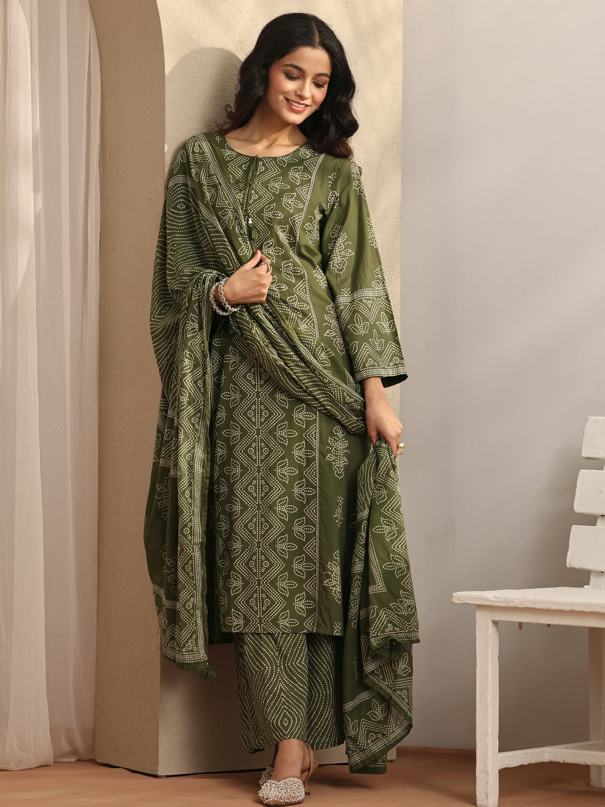 Anouk Olive Printed Cotton Straight Suit Set With Dupatta
