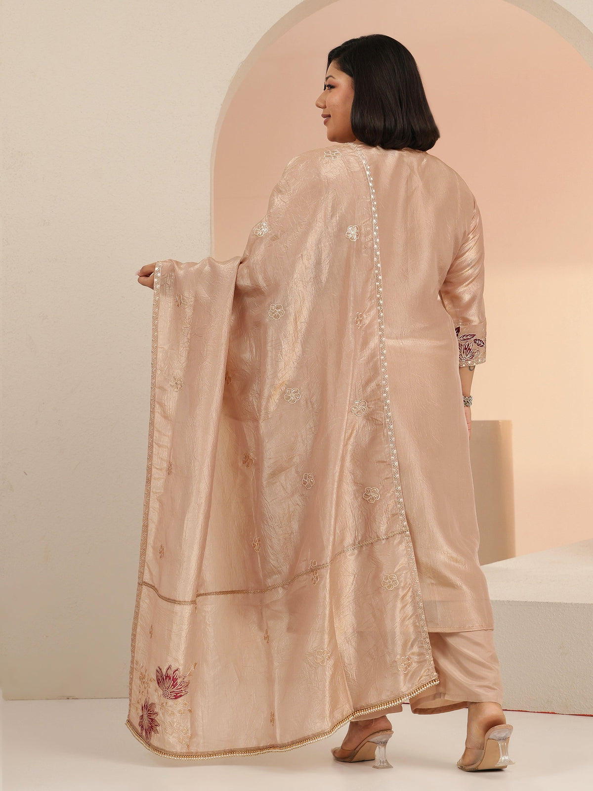 Plus Size Beige Embroidered Organza Straight Suit Set With Dupatta