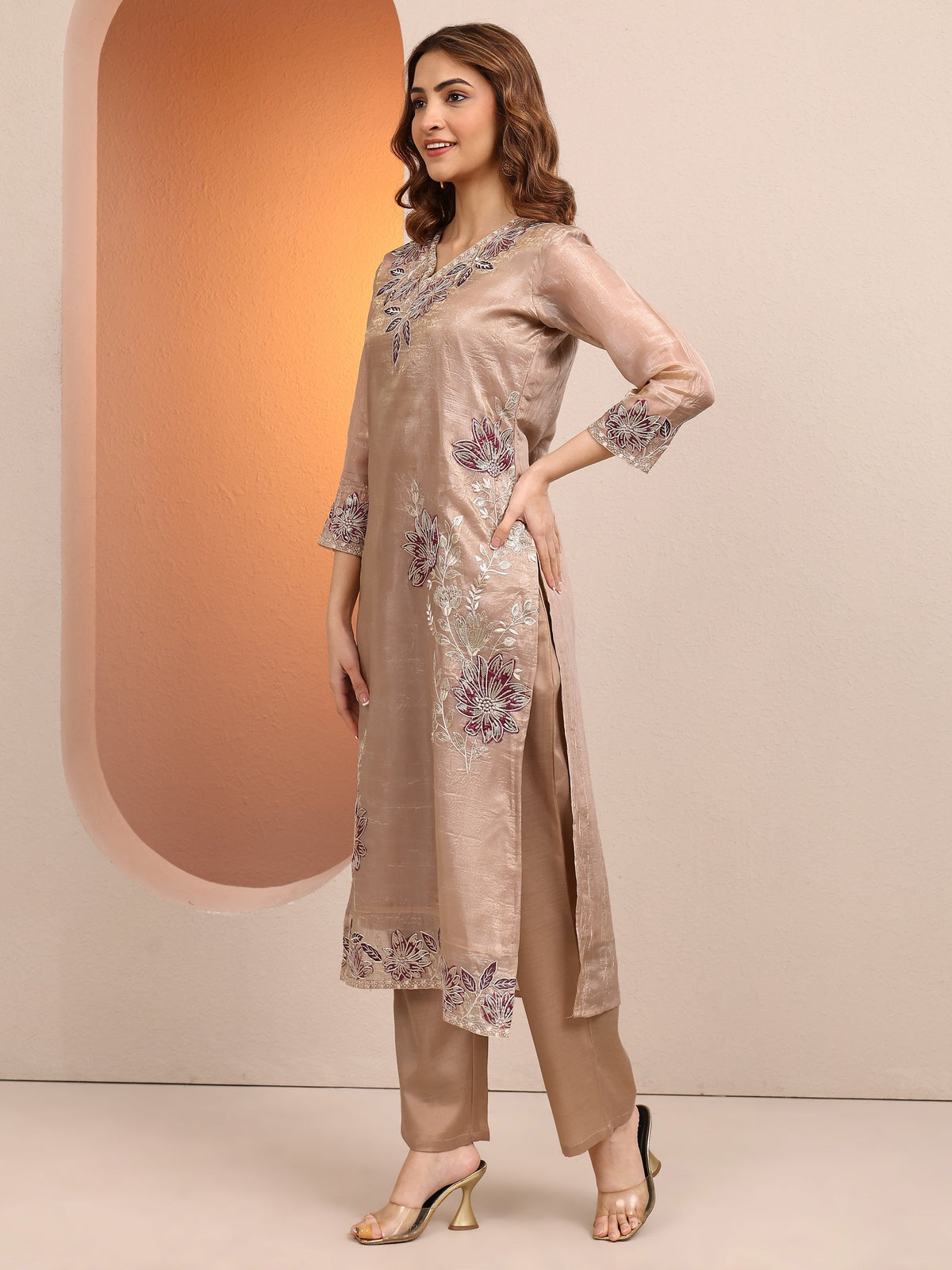 Anouk Beige Embroidered Organza Straight Suit Set With Dupatta