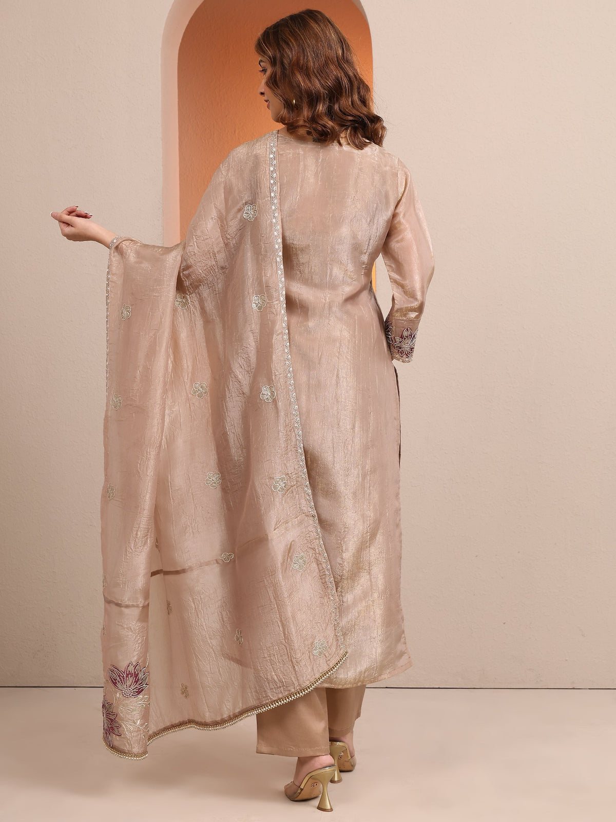Anouk Beige Embroidered Organza Straight Suit Set With Dupatta