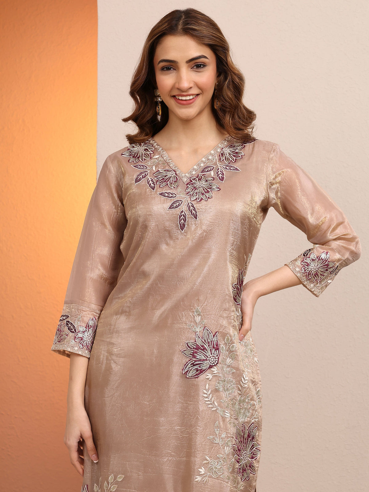 Anouk Beige Embroidered Organza Straight Suit Set With Dupatta