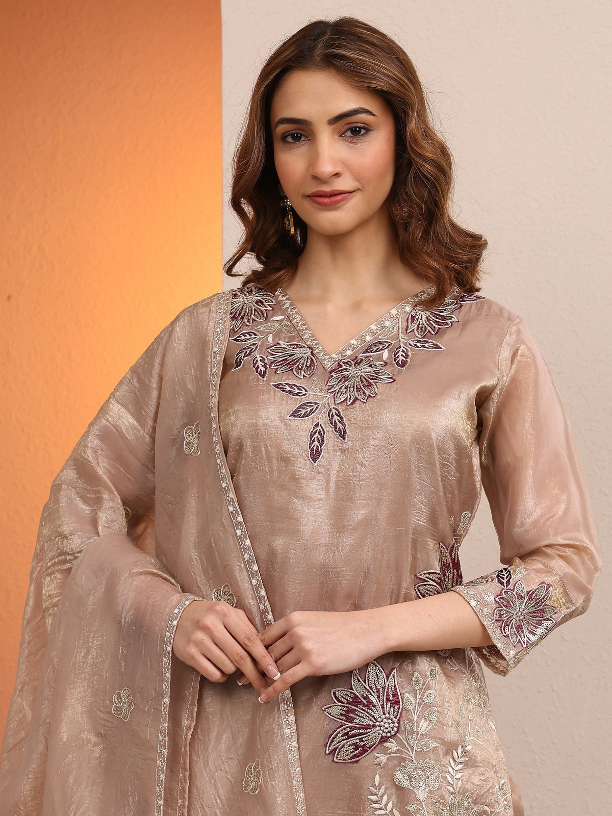 Anouk Beige Embroidered Organza Straight Suit Set With Dupatta