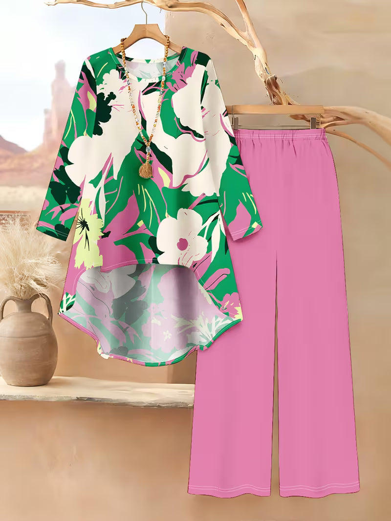 Women’s Long-Sleeve Floral Suit – Light Red Flowers on Gray, Casual & Vacation Wear