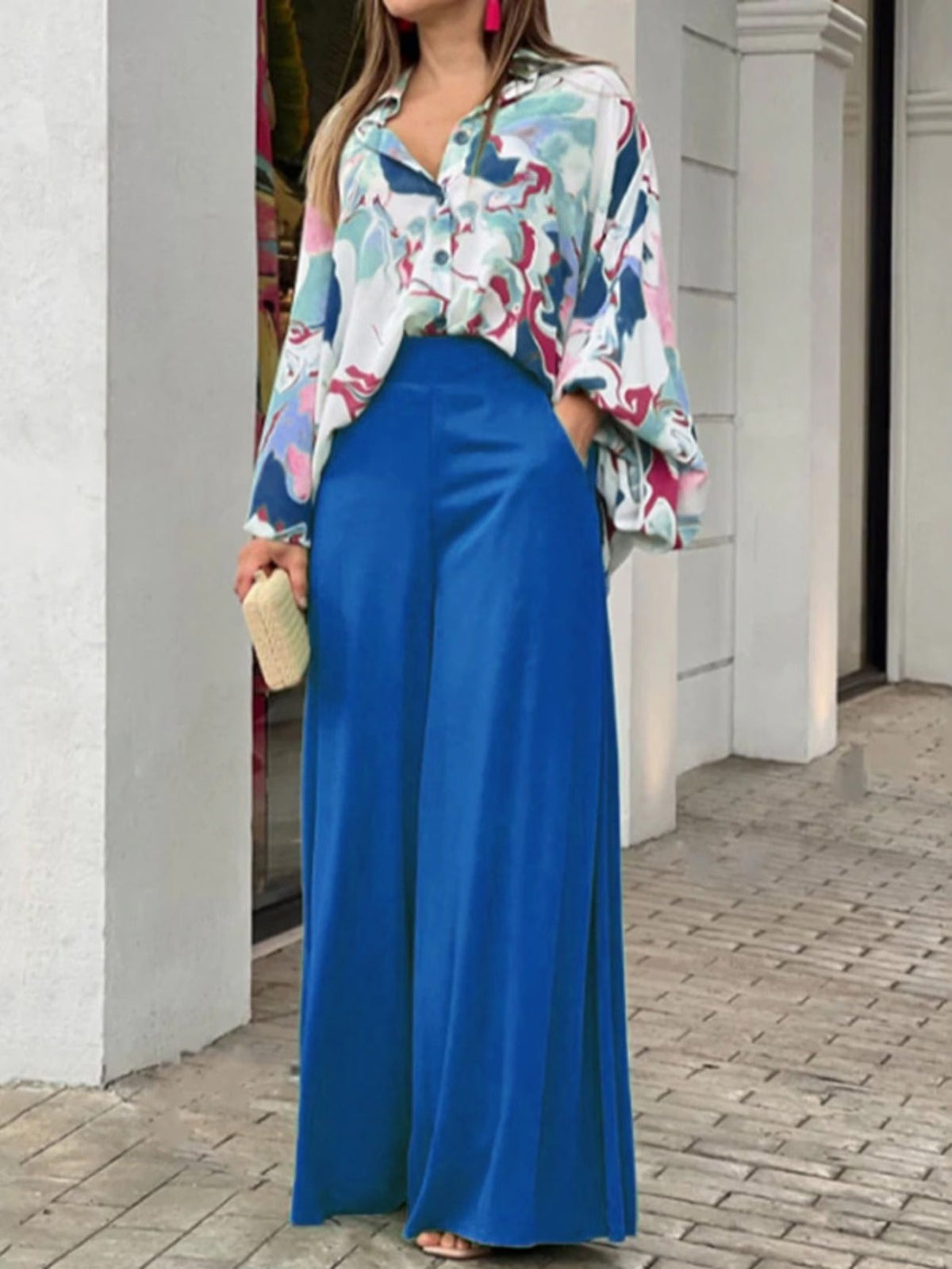 Chic Printed Shirt & Wide-Leg Trousers Set – Relaxed Stylish Two-Piece Outfit for Women