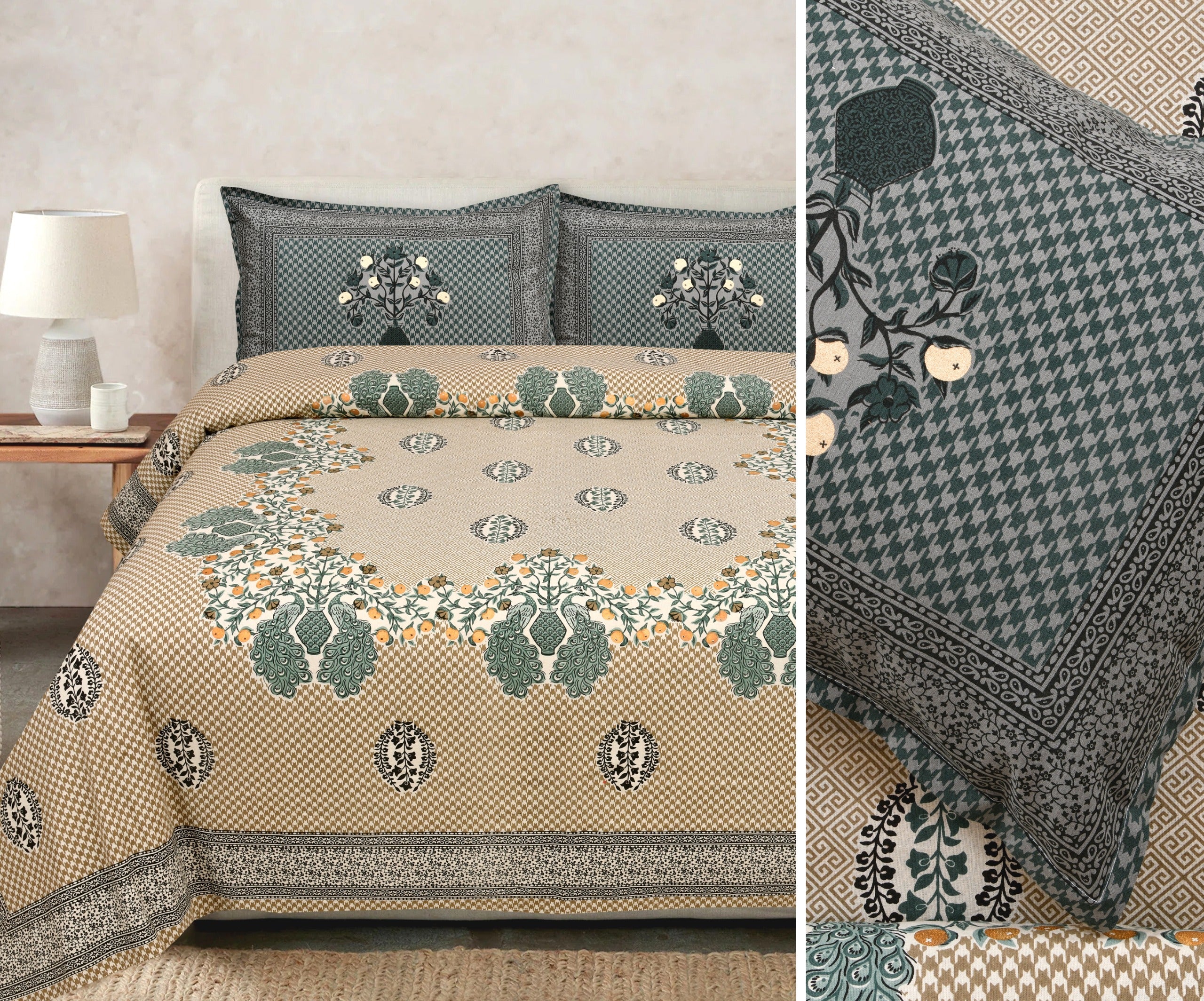 Gold Printed Cotton Bedsheet Set with Coordinating Pillow Covers
