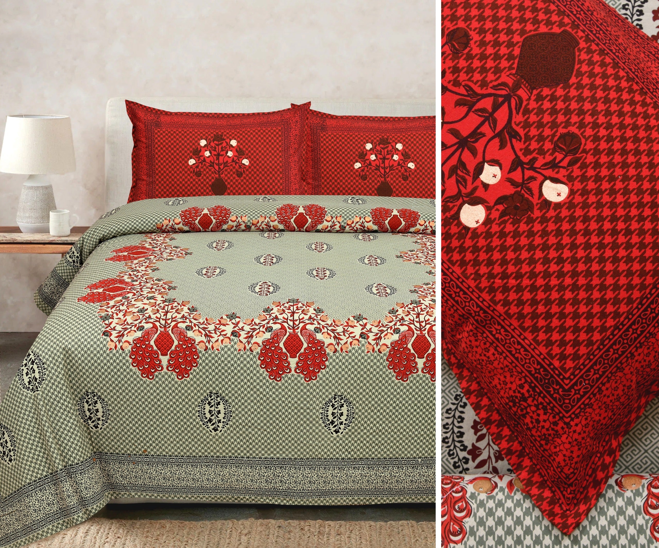 Gold-Print Cotton Bedsheet Set with Coordinated Pillow Covers