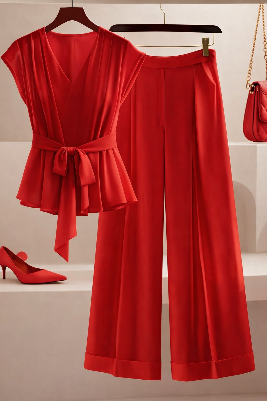 Summer French Solid Two-Piece Set – Elegant Women’s Top & Pants Suit