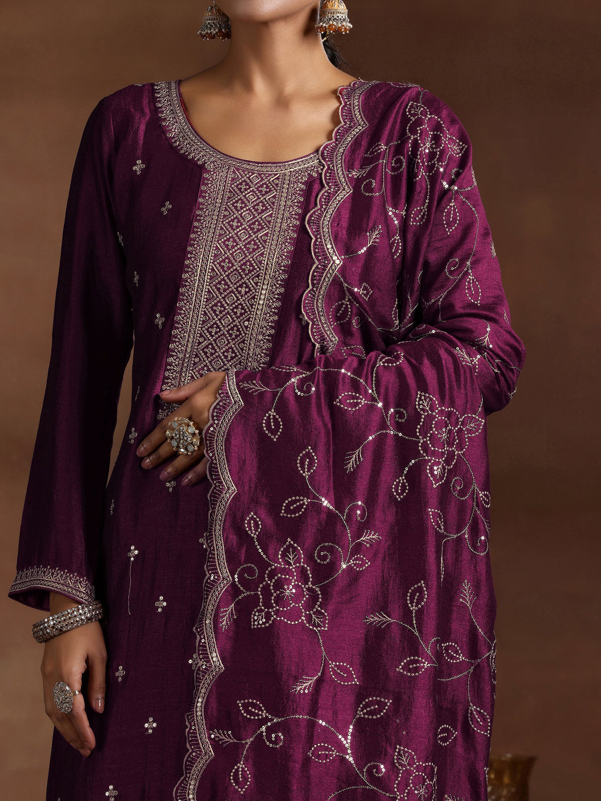 Anouk Wine Embroidered Silk Blend Straight Suit With Dupatta