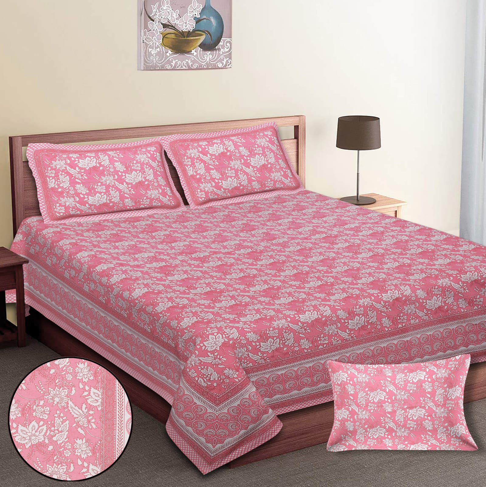 King-Size Cotton Bedsheet Set with Pillow Covers