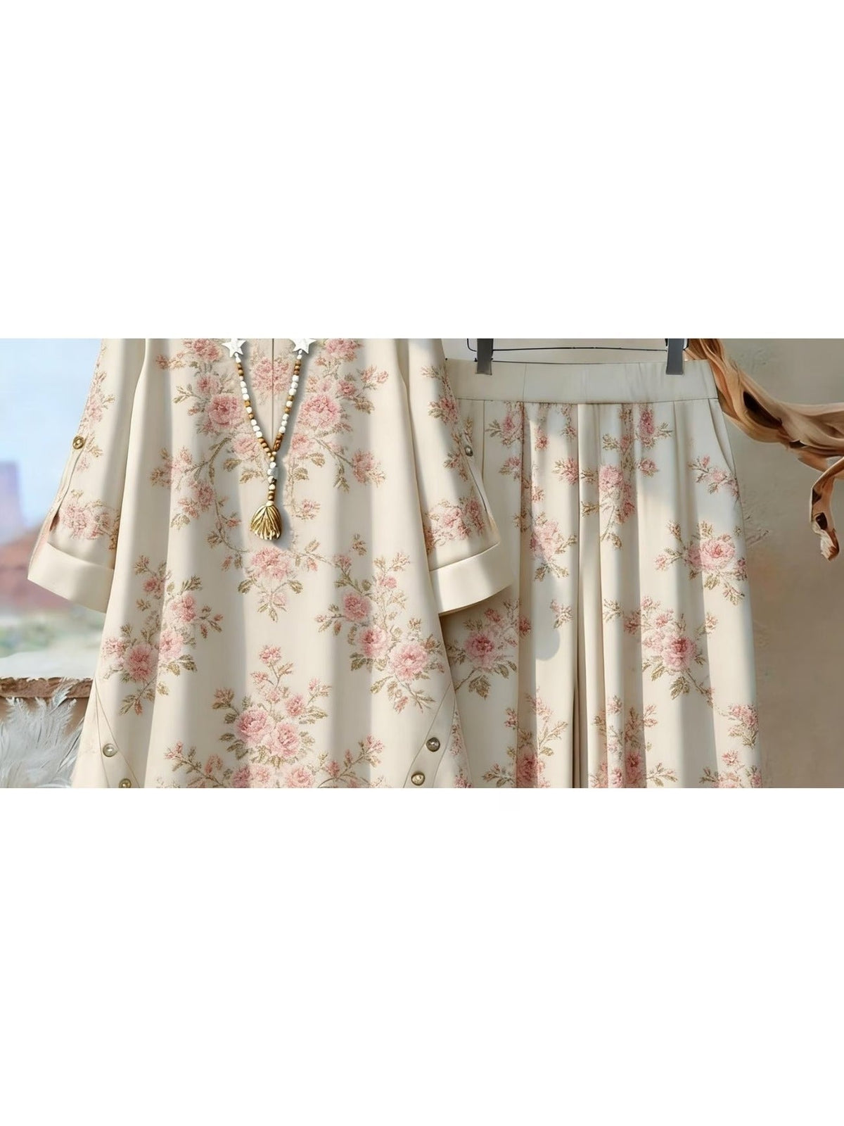 Plus Size Retro Printed Two-Piece Set – Casual Long Sleeve Top & Comfortable Pants Outfit for Women